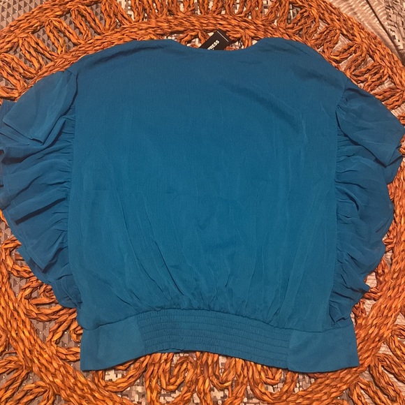 Express Size S - Blue Wrap Front Ruffle Sleeve Top - Picture 5 of 5